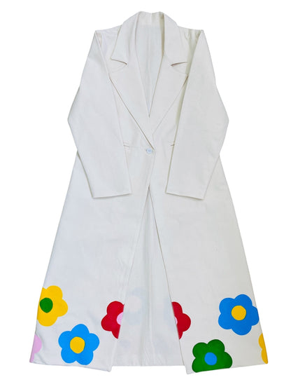 Jose Ibarra Estudio white 100% cotton canvas long jacket, hand-painted with colorful flowers on the hem.