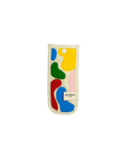Jose Ibarra cream cotton glasses case with abstract hand-painted colourful shapes in red, blue, green, yellow, and pink.
