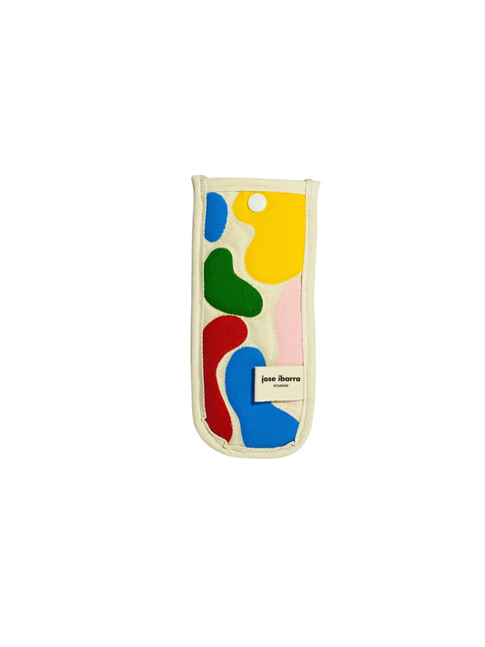 Jose Ibarra cream cotton glasses case with abstract hand-painted colourful shapes in red, blue, green, yellow, and pink.