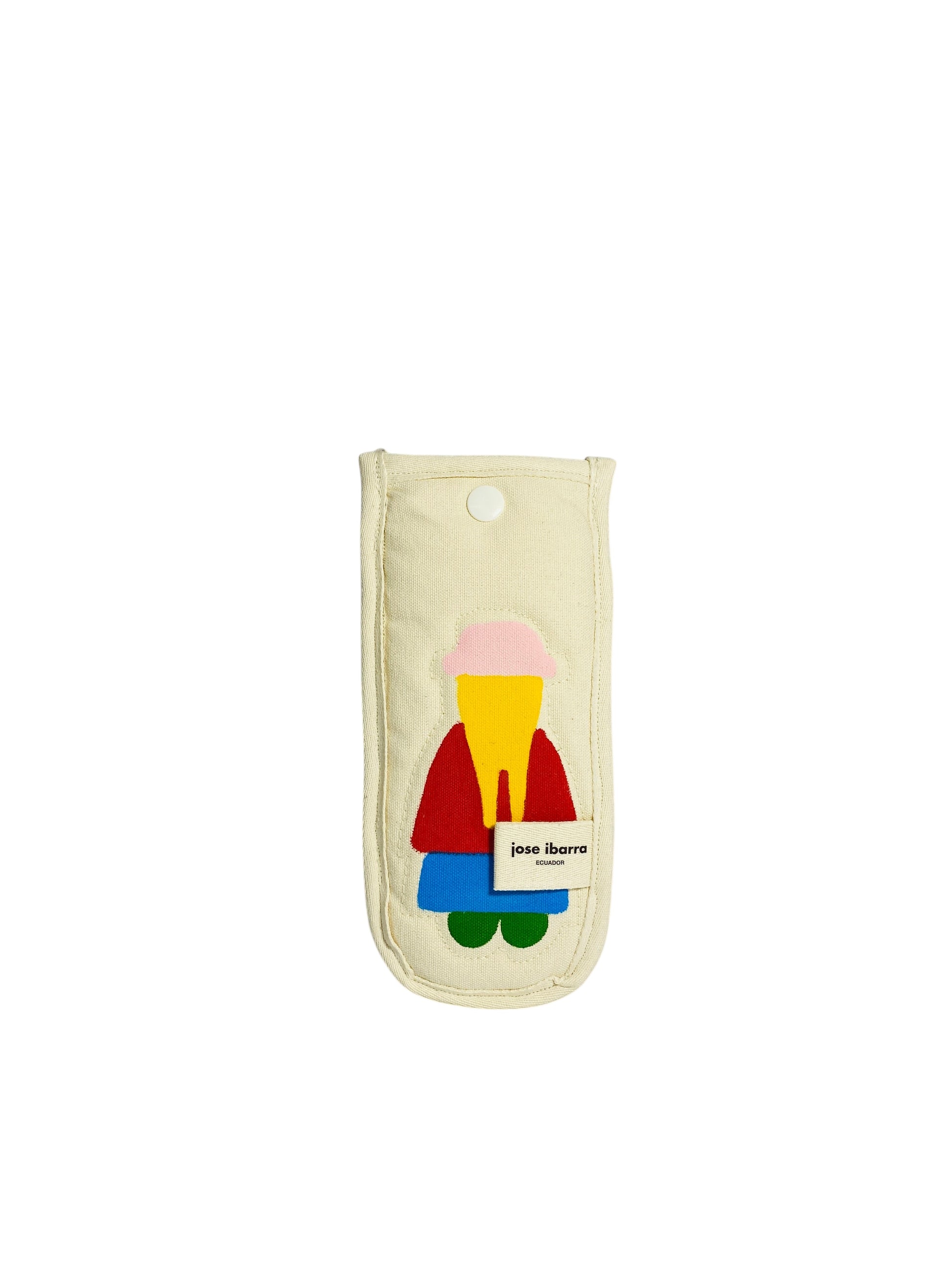 Jose Ibarra cream cotton phone case with hand-painted abstract figure in red, blue, yellow, and pink. Snap closure.