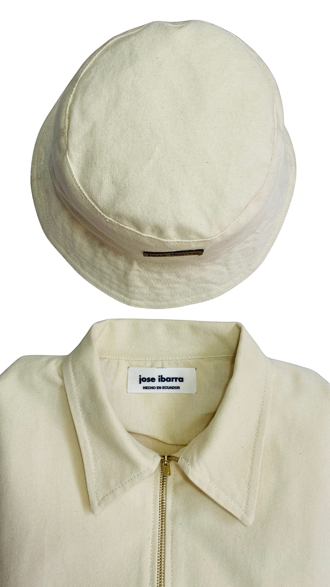 Jose Ibarra natural canvas unisex jacket with zip closure and matching bucket hat. Both items made of 100% cotton.