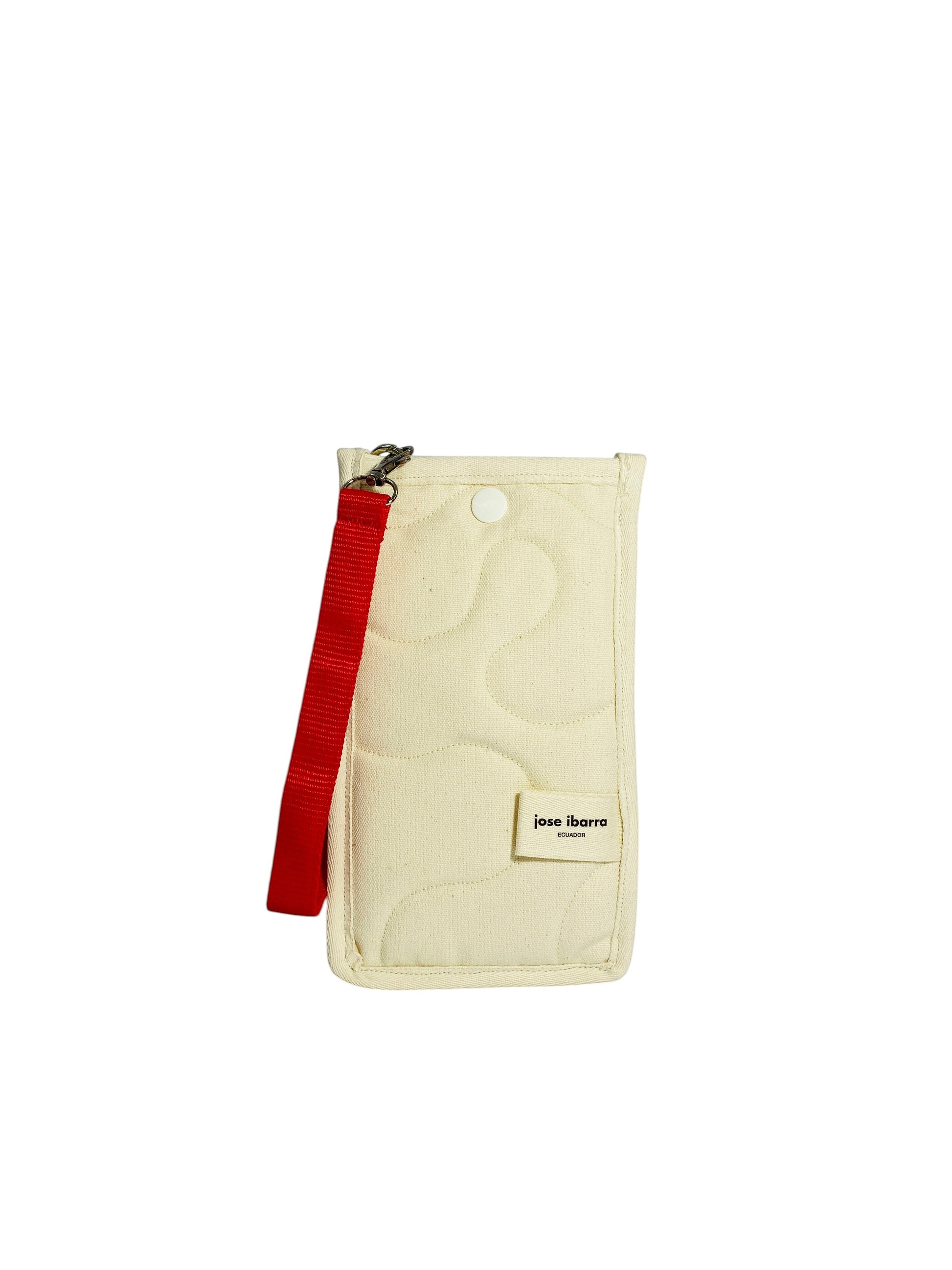 Jose Ibarra cream quilted cotton phone pouch with red strap and snap closure. Hand-painted design.