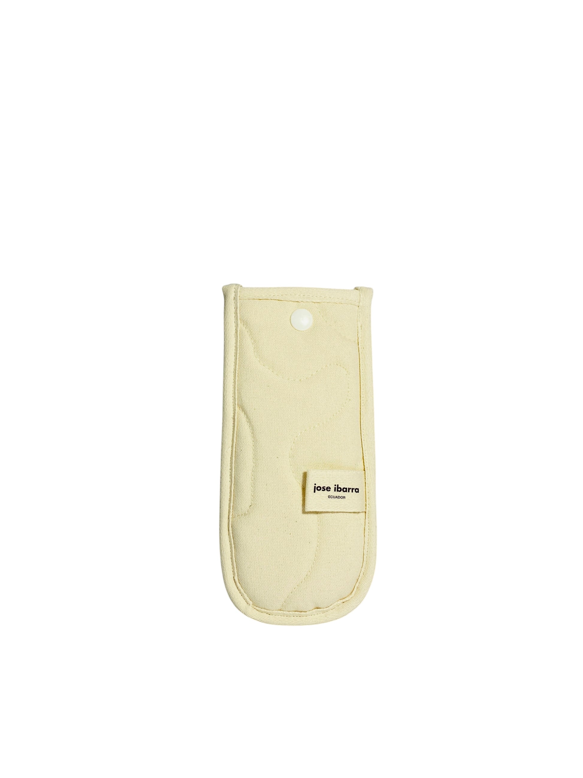 Jose Ibarra pale yellow quilted cotton phone case with snap closure and internal lining. Hand-painted design.