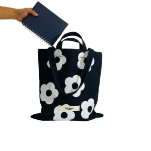 Tote Negro Flores Blancas Vertical