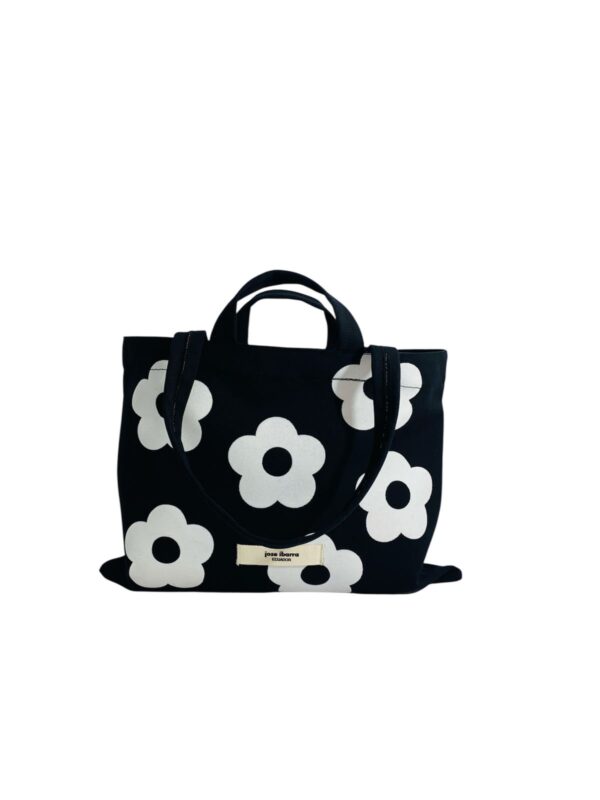 Tote Negro Flores Blancas Horizontal